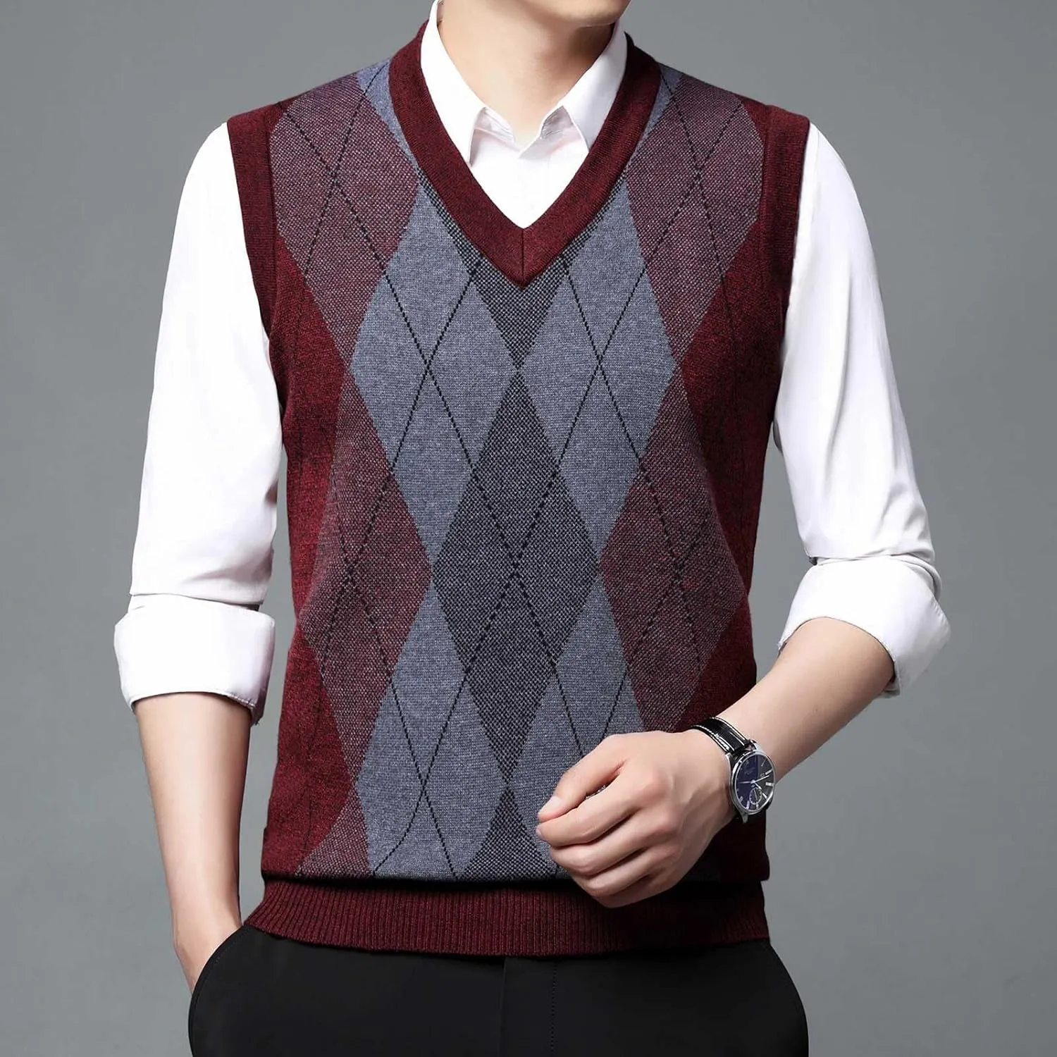 Men's Sweater Vests Argyle Plaid Graphic Print Knitted Pullover Sweater V Neck Sleeveless Comfort Soft Jumper Tops