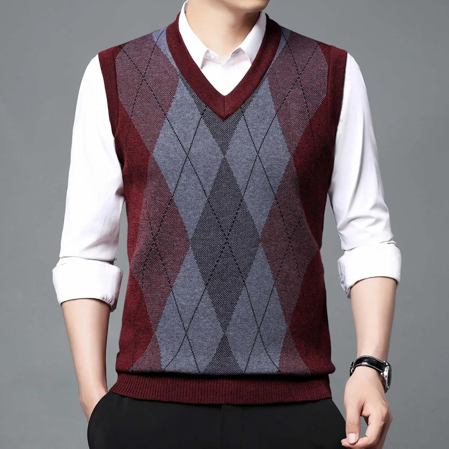 Men's Sweater Vests Argyle Plaid Graphic Print Knitted Pullover Sweater V Neck Sleeveless Comfort Soft Jumper Tops