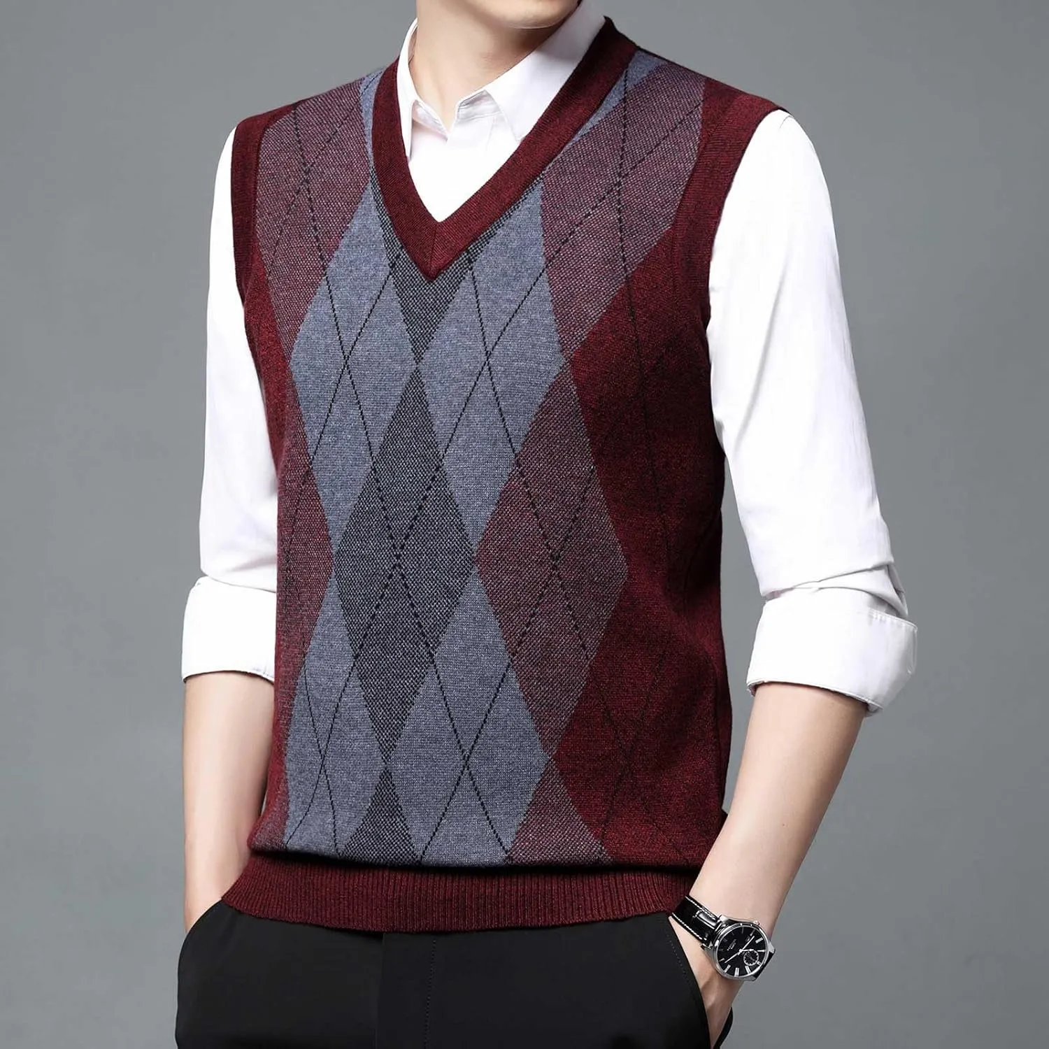 Men's Sweater Vests Argyle Plaid Graphic Print Knitted Pullover Sweater V Neck Sleeveless Comfort Soft Jumper Tops