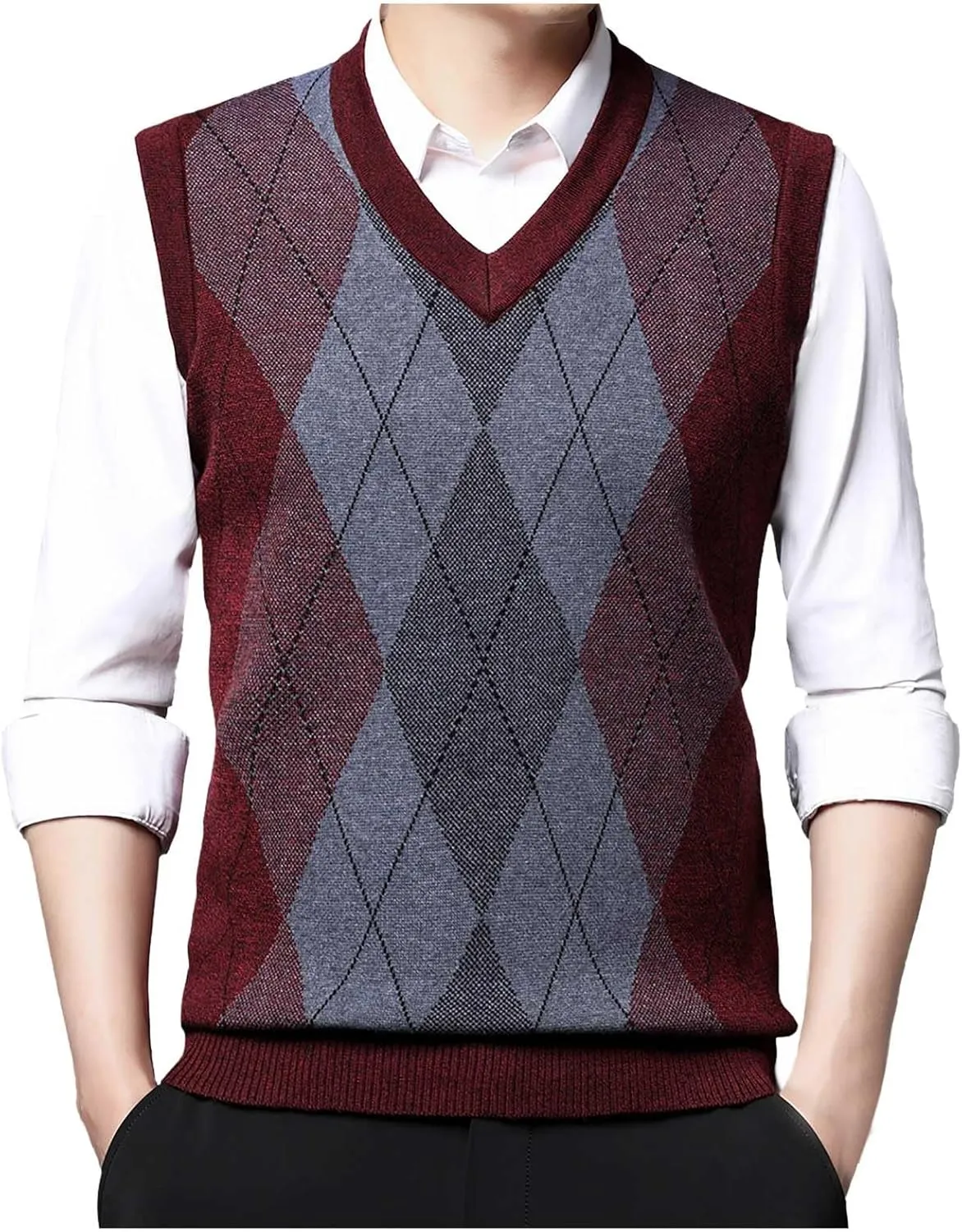 Men's Sweater Vests Argyle Plaid Graphic Print Knitted Pullover Sweater V Neck Sleeveless Comfort Soft Jumper Tops