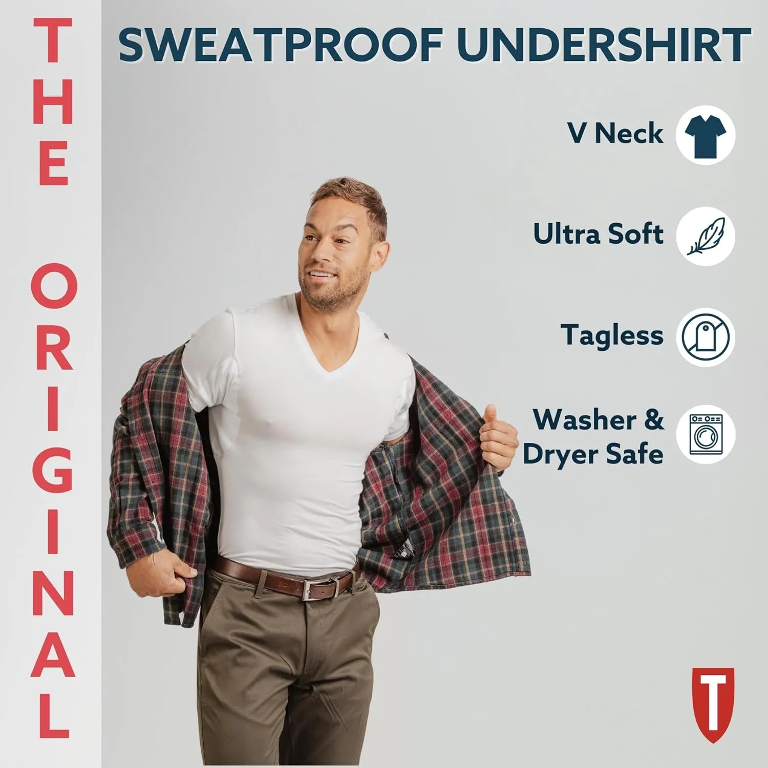 Men's Sweatproof Undershirt | Slim Fit V Neck T-Shirt with Underarm Sweat Pads | Aluminum-Free Alternative