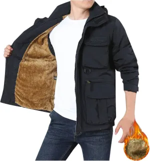 Men's Winter Warmer Jackets Sherpa Outdoor Jackets Fleece Lined Thick Work Coats Warm Cargo Jackets with Hooded
