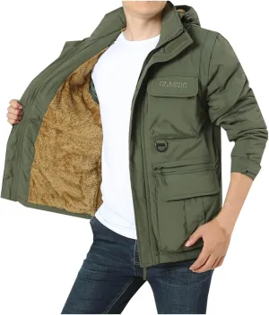 Men's Winter Warmer Jackets Sherpa Outdoor Jackets Fleece Lined Thick Work Coats Warm Cargo Jackets with Hooded