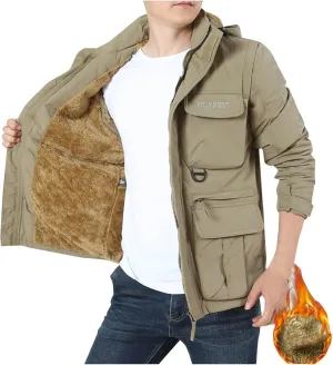 Men's Winter Warmer Jackets Sherpa Outdoor Jackets Fleece Lined Thick Work Coats Warm Cargo Jackets with Hooded