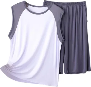Modal Pajama Sets for Men Casual Sleeveless Crewneck Lightweight Tops and Shorts PJS Lounge Color Block Set 2 Pieces