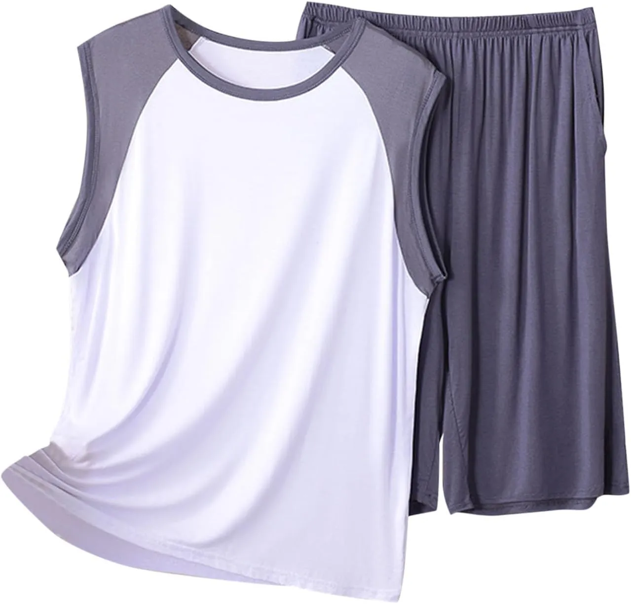 Modal Pajama Sets for Men Casual Sleeveless Crewneck Lightweight Tops and Shorts PJS Lounge Color Block Set 2 Pieces