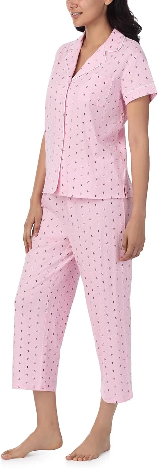 Nautica Pajamas for Women Set, Womens Lightweight Short Sleeve Button Down Pajama Shirt & Capri Pants, Lounge Sets PJs Women