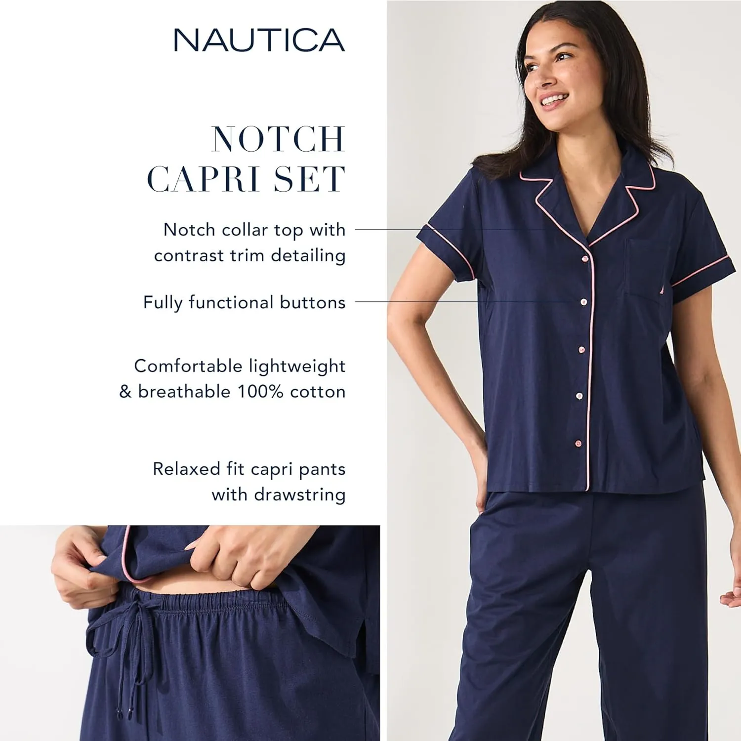 Nautica Pajamas for Women Set, Womens Lightweight Short Sleeve Button Down Pajama Shirt & Capri Pants, Lounge Sets PJs Women