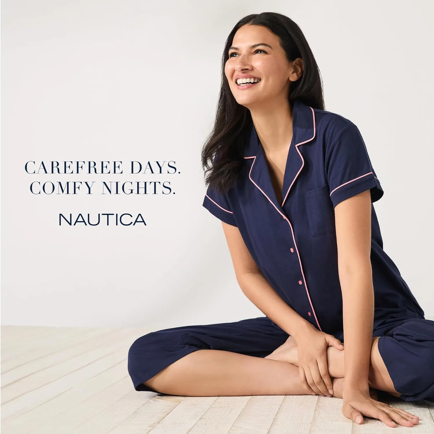 Nautica Pajamas for Women Set, Womens Lightweight Short Sleeve Button Down Pajama Shirt & Capri Pants, Lounge Sets PJs Women