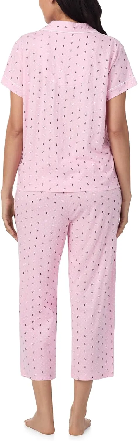 Nautica Pajamas for Women Set, Womens Lightweight Short Sleeve Button Down Pajama Shirt & Capri Pants, Lounge Sets PJs Women