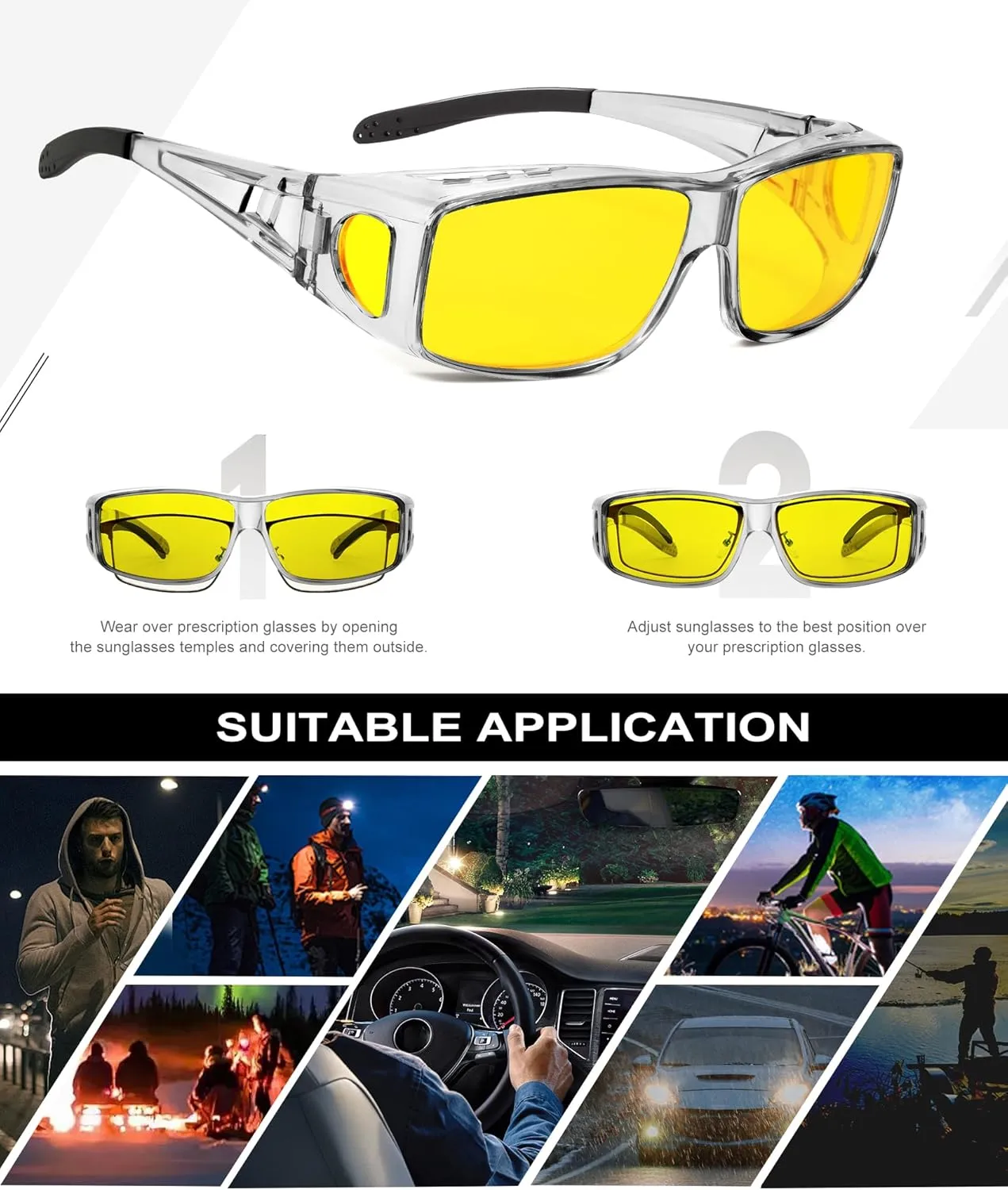 Night-Vision-Driving-Glasses Men Women Over-the-Glasses: Anti Glare Polarized Wrap-Around Night Vision Glasses