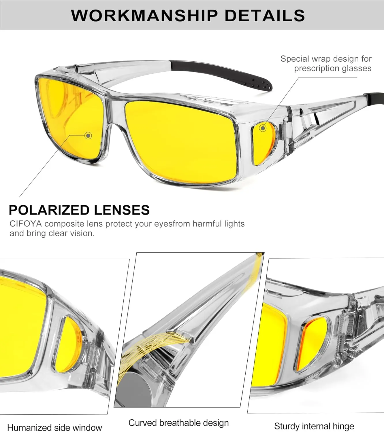 Night-Vision-Driving-Glasses Men Women Over-the-Glasses: Anti Glare Polarized Wrap-Around Night Vision Glasses