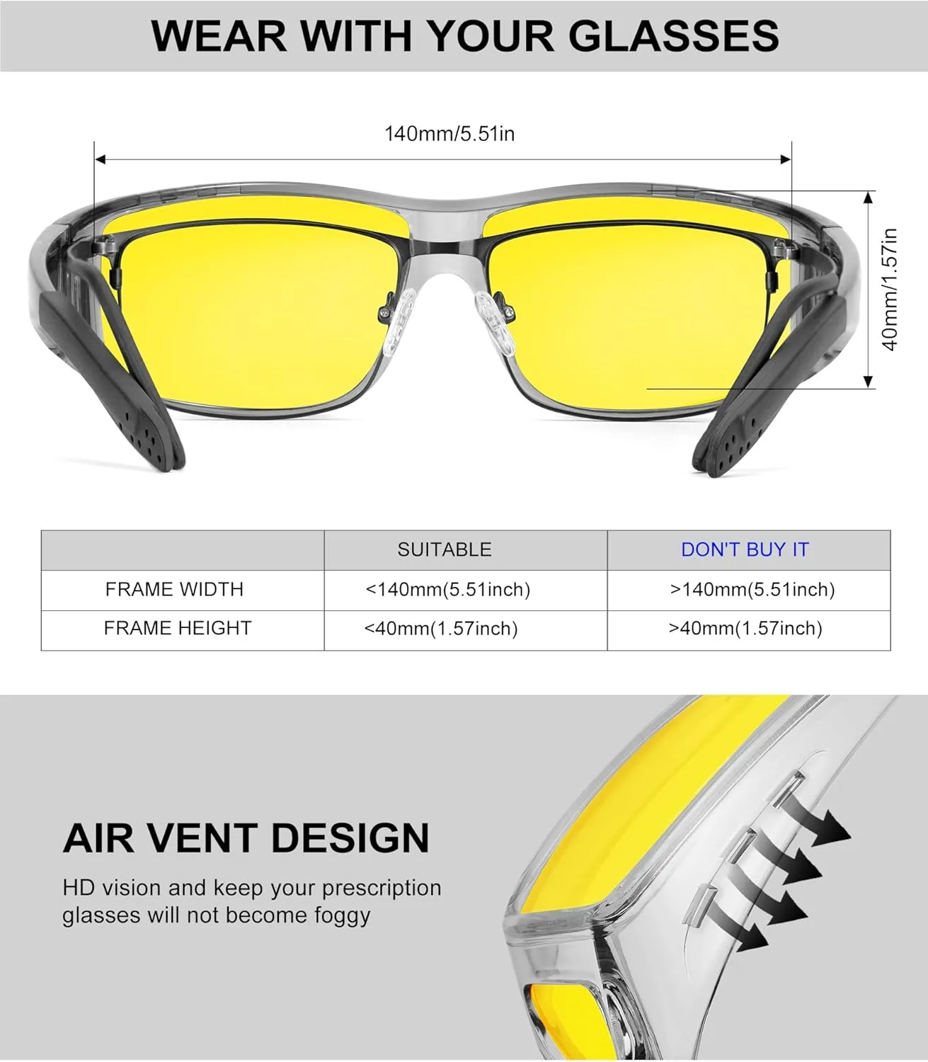 Night-Vision-Driving-Glasses Men Women Over-the-Glasses: Anti Glare Polarized Wrap-Around Night Vision Glasses