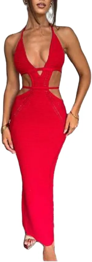 NUFIWI Women Knitted Halter Neck Maxi Dress Sleeveless Tie Backless Hollow Out Dress Bodycon Cutout Summer Beach Dress