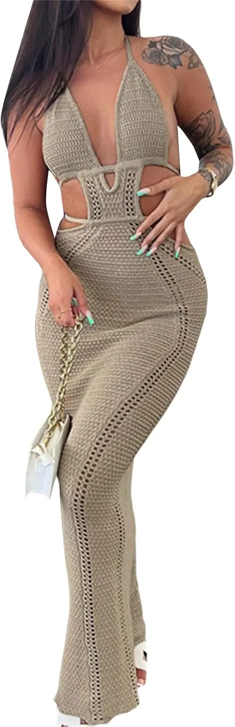 NUFIWI Women Knitted Halter Neck Maxi Dress Sleeveless Tie Backless Hollow Out Dress Bodycon Cutout Summer Beach Dress