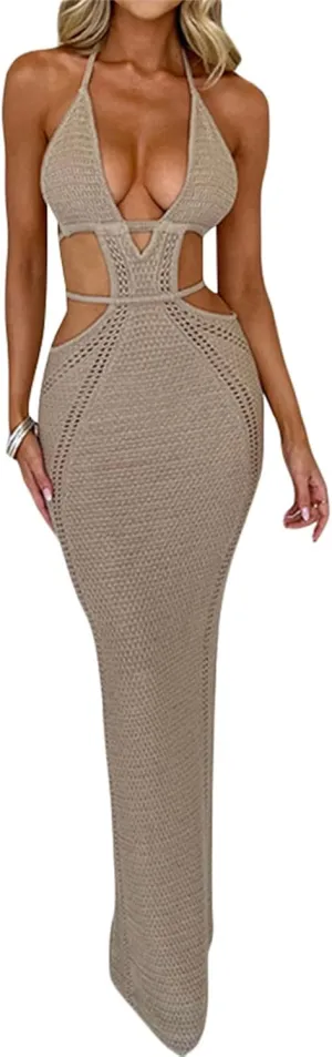 NUFIWI Women Knitted Halter Neck Maxi Dress Sleeveless Tie Backless Hollow Out Dress Bodycon Cutout Summer Beach Dress