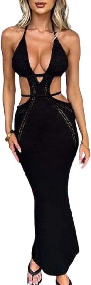 NUFIWI Women Knitted Halter Neck Maxi Dress Sleeveless Tie Backless Hollow Out Dress Bodycon Cutout Summer Beach Dress