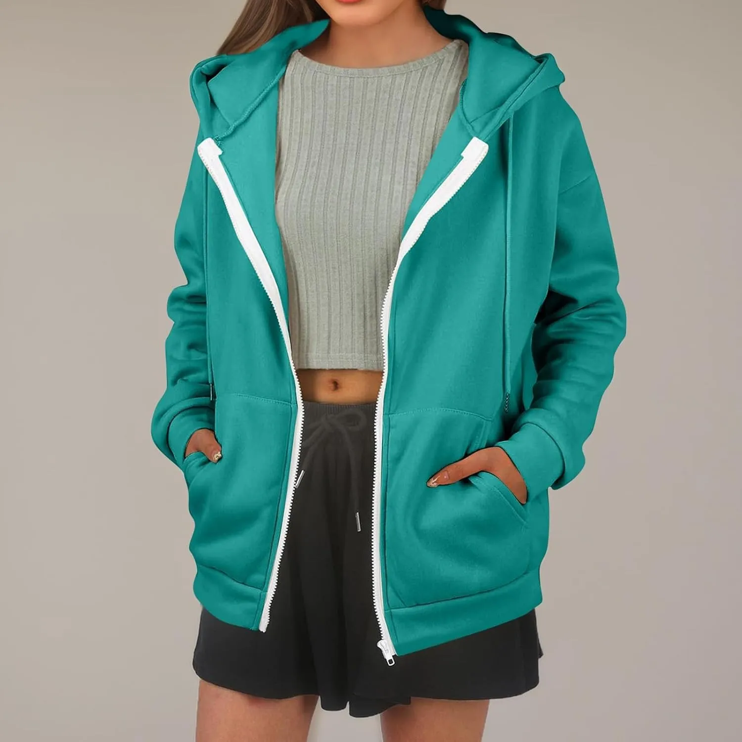 Oversized Hoodies for Women Zip Up Lightweight Long Sleeve Jackets Drawstring Y2K Sweatshirt Kangaroo Pocket