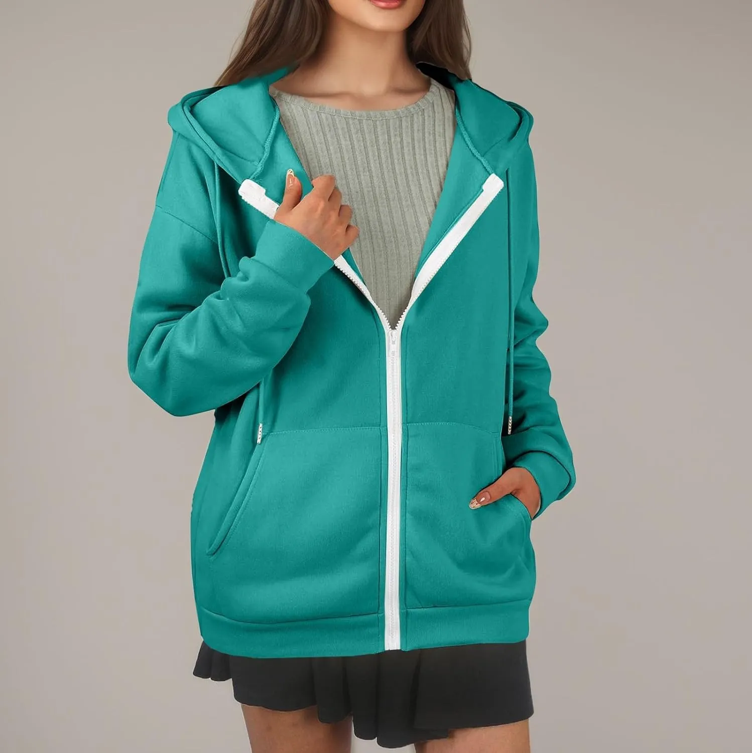 Oversized Hoodies for Women Zip Up Lightweight Long Sleeve Jackets Drawstring Y2K Sweatshirt Kangaroo Pocket