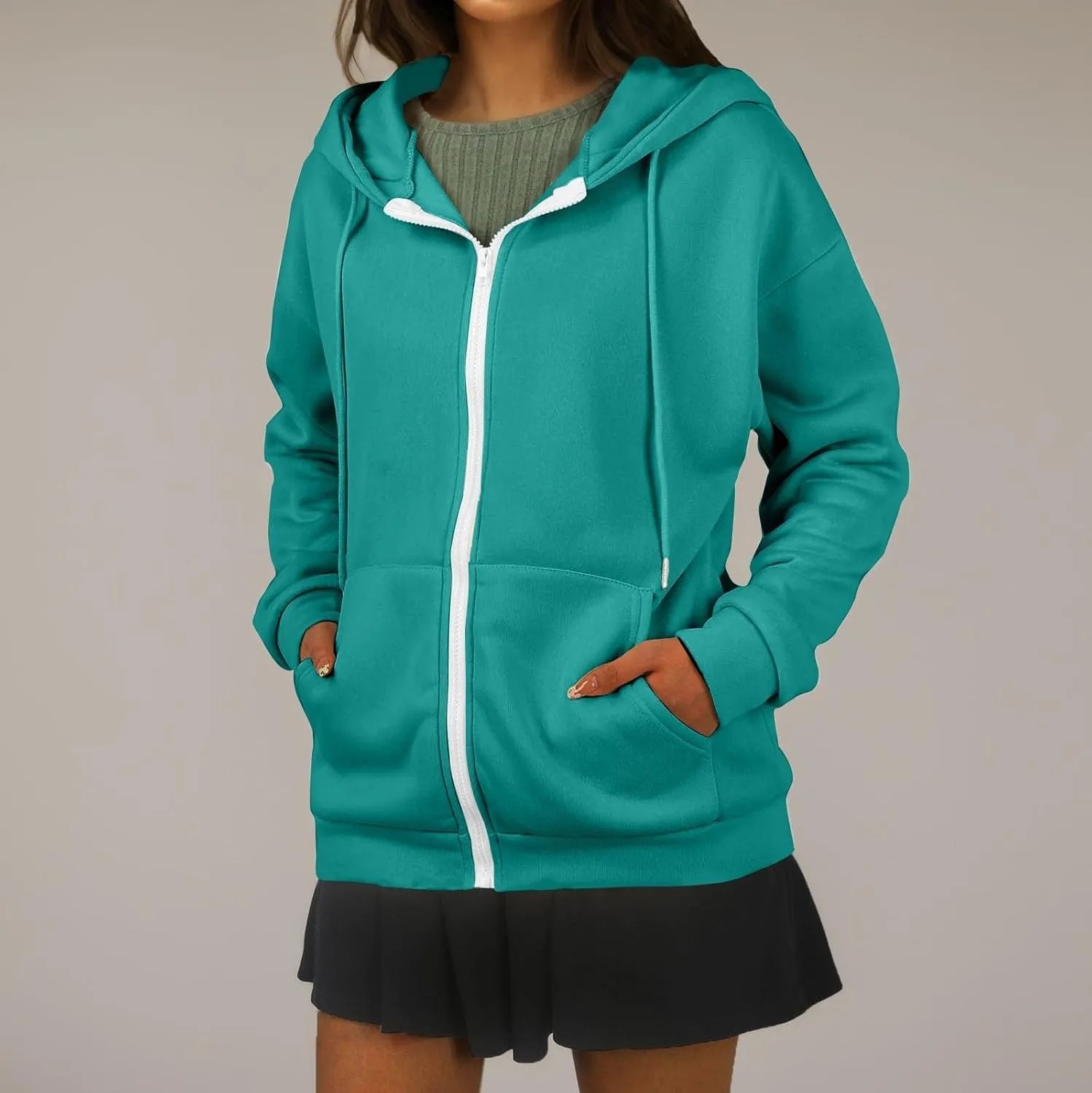 Oversized Hoodies for Women Zip Up Lightweight Long Sleeve Jackets Drawstring Y2K Sweatshirt Kangaroo Pocket