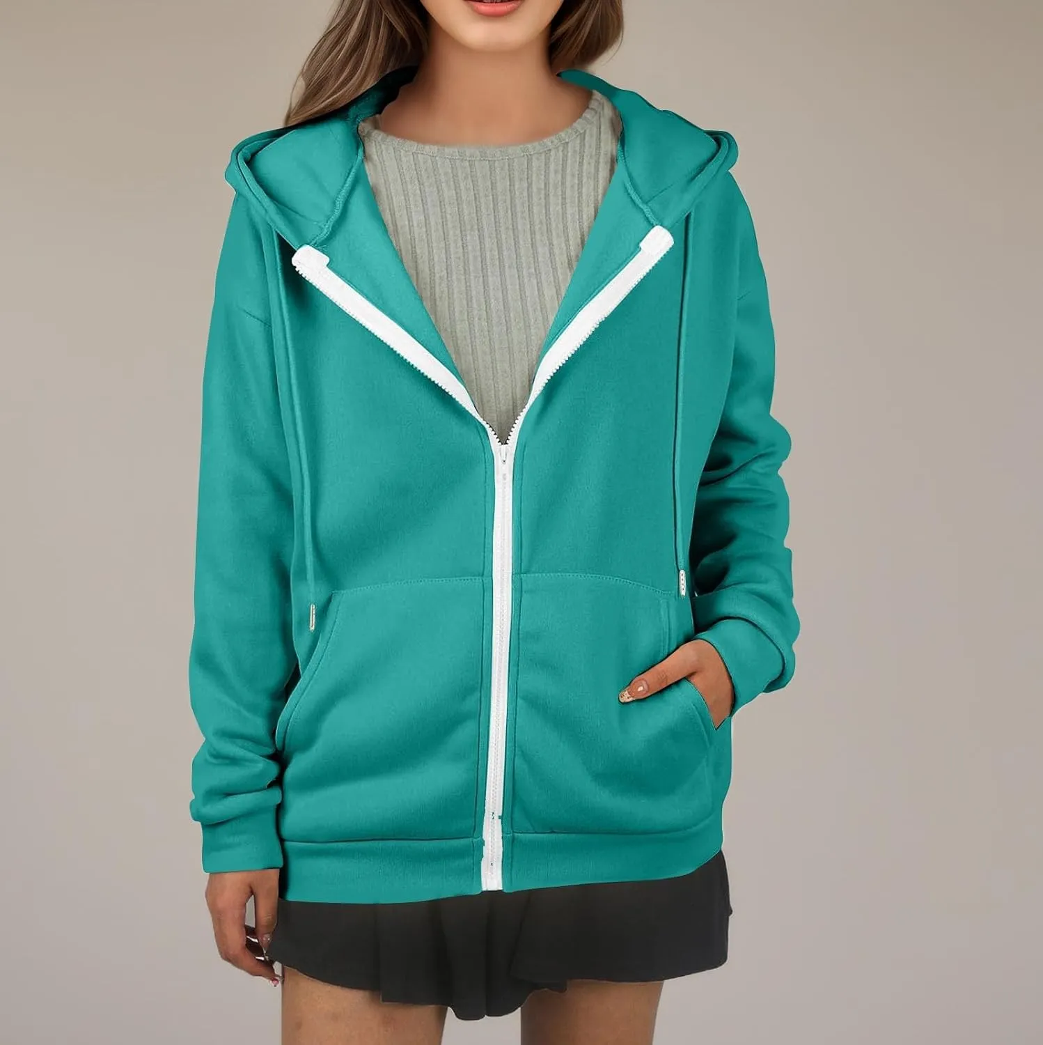 Oversized Hoodies for Women Zip Up Lightweight Long Sleeve Jackets Drawstring Y2K Sweatshirt Kangaroo Pocket