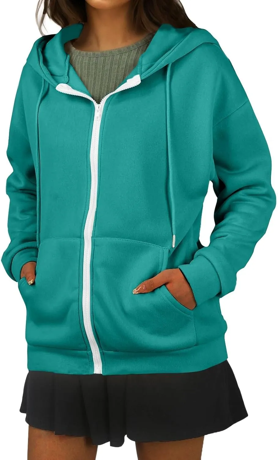 Oversized Hoodies for Women Zip Up Lightweight Long Sleeve Jackets Drawstring Y2K Sweatshirt Kangaroo Pocket