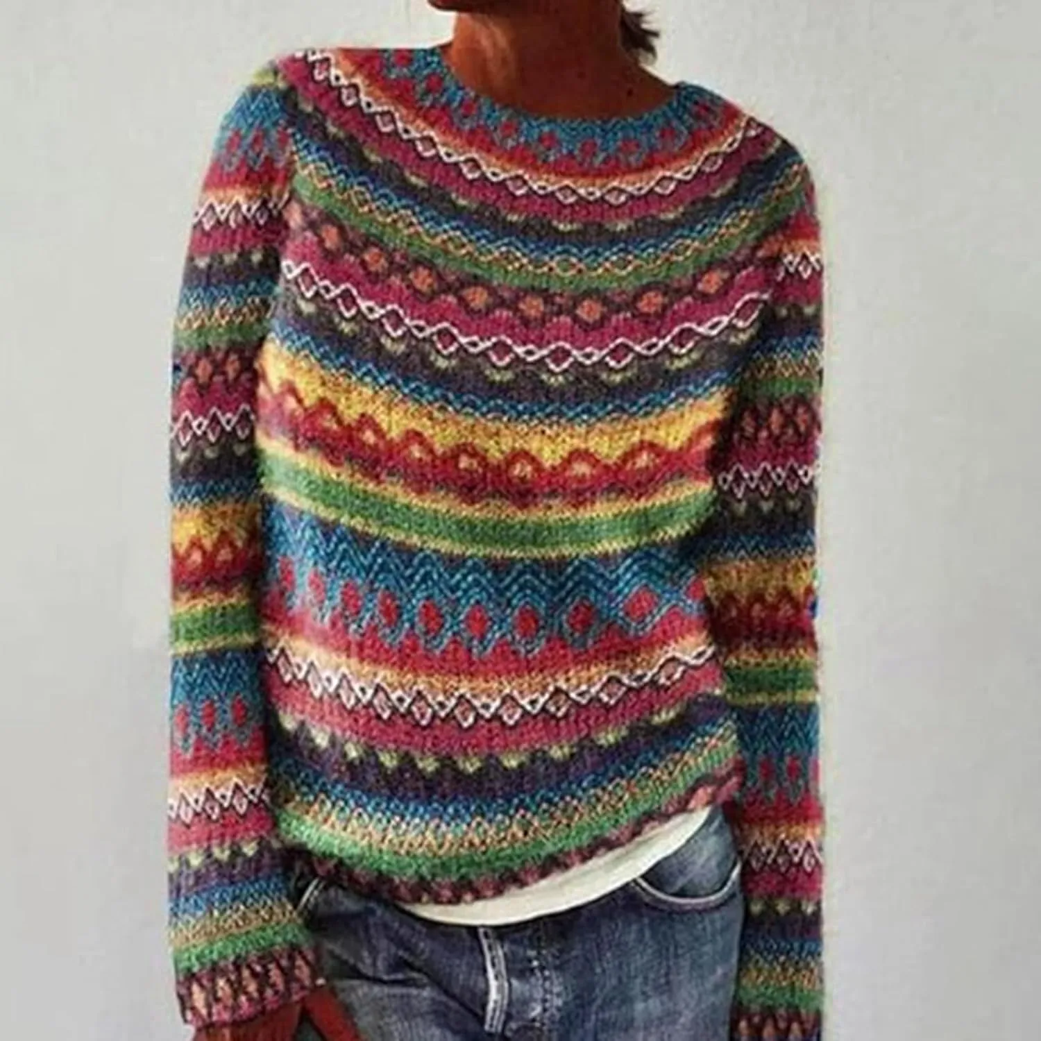 Oversized Sweaters for Women Round Neck Jacquard Long Sleeve Comfort Casual Loose Pullover Knitted Warm Tops