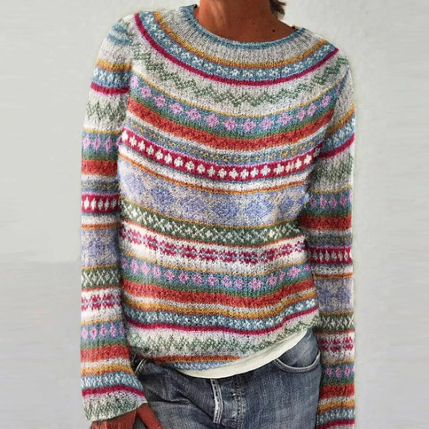 Oversized Sweaters for Women Round Neck Jacquard Long Sleeve Comfort Casual Loose Pullover Knitted Warm Tops