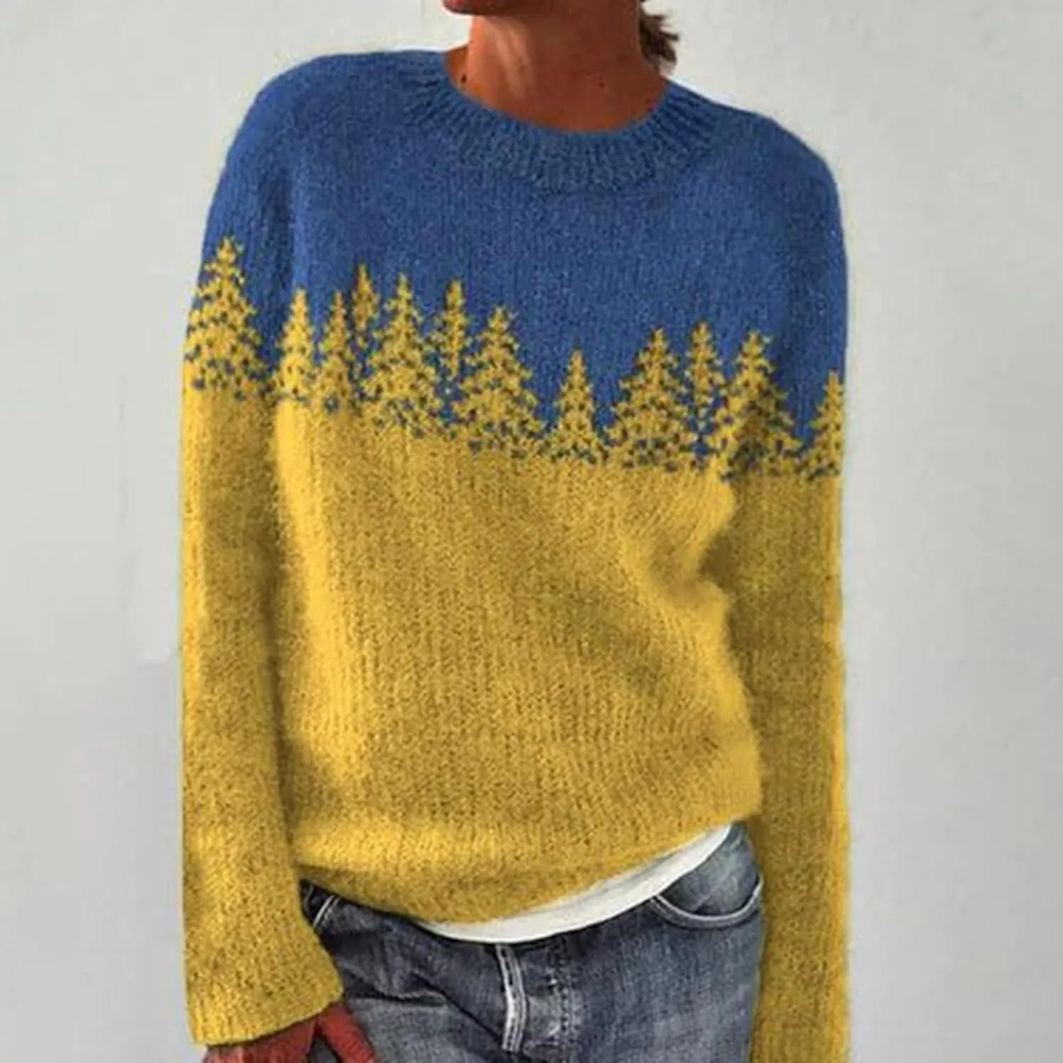 Oversized Sweaters for Women Round Neck Jacquard Long Sleeve Comfort Casual Loose Pullover Knitted Warm Tops
