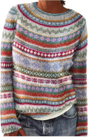 Oversized Sweaters for Women Round Neck Jacquard Long Sleeve Comfort Casual Loose Pullover Knitted Warm Tops