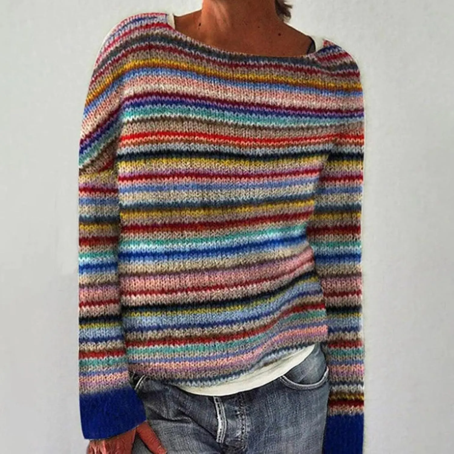 Oversized Sweaters for Women Round Neck Jacquard Long Sleeve Comfort Casual Loose Pullover Knitted Warm Tops