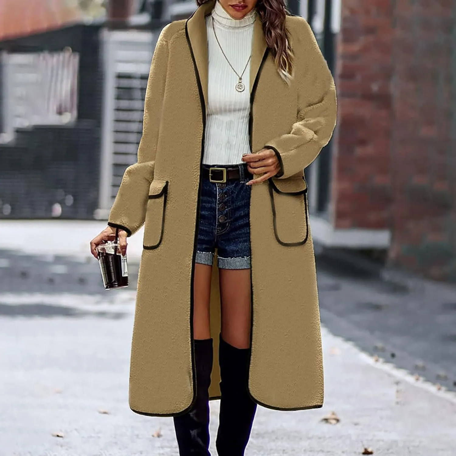 Pea Coats for Women Cashmere Wool Blend Warm Winter Coats Notch Lapel Open Front Trench Coats Overcoat