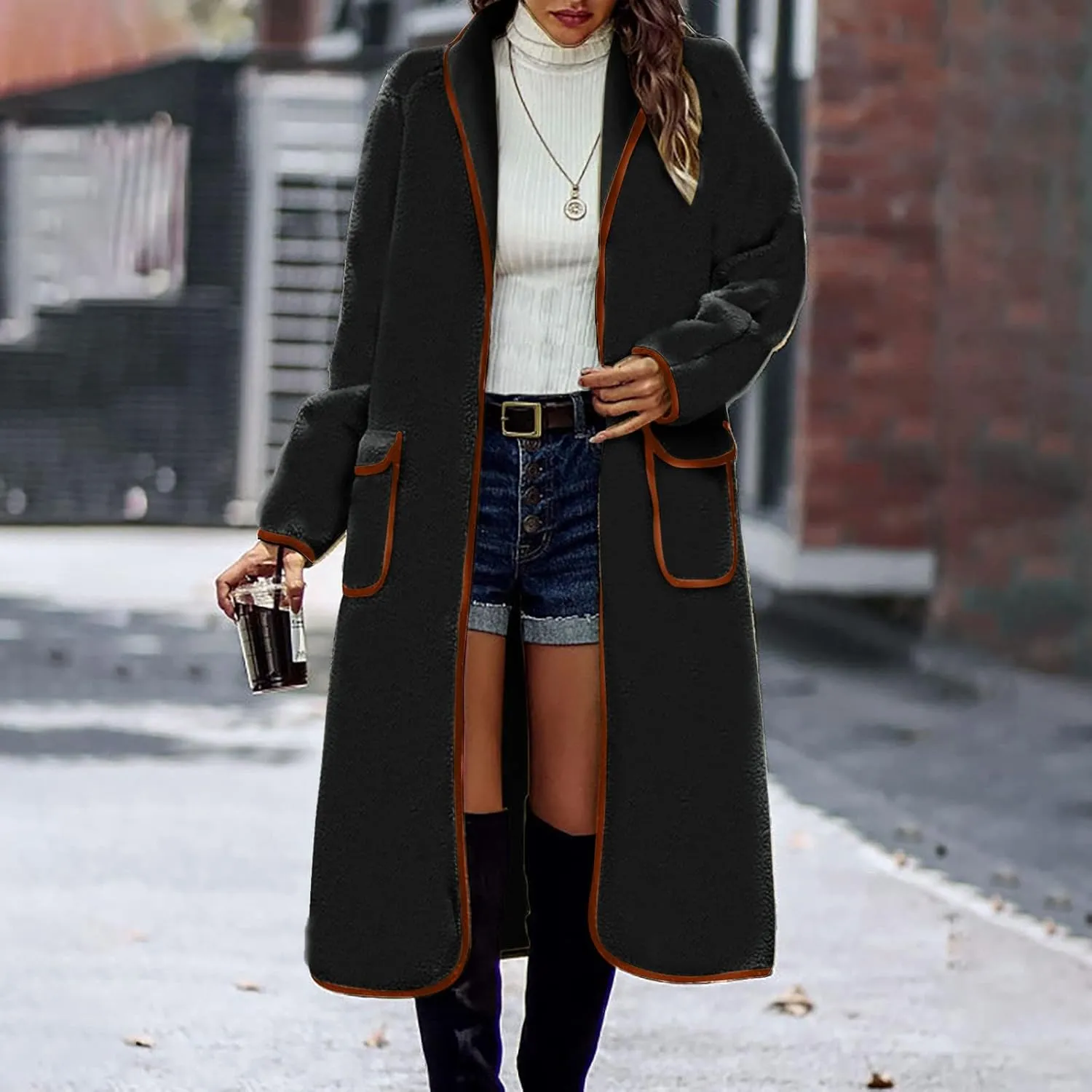 Pea Coats for Women Cashmere Wool Blend Warm Winter Coats Notch Lapel Open Front Trench Coats Overcoat