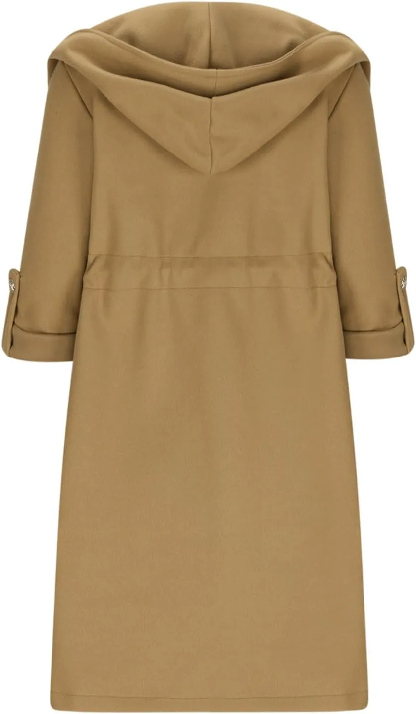 Pea Coats for Women Drawstring Waist Open Front Cardigan Jackets Hooded Trench Coats Wool Blend Long Winter Coats