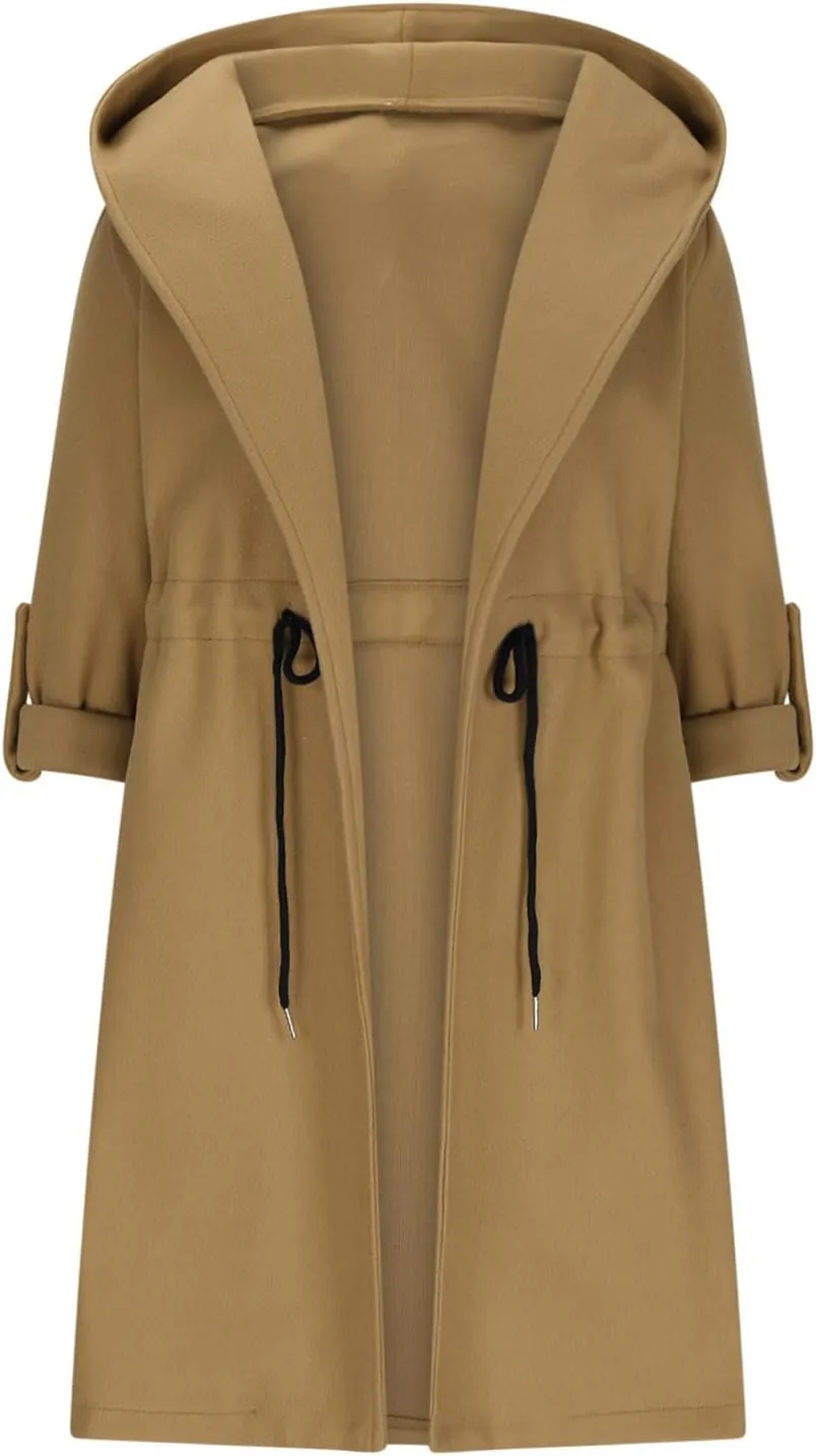 Pea Coats for Women Drawstring Waist Open Front Cardigan Jackets Hooded Trench Coats Wool Blend Long Winter Coats