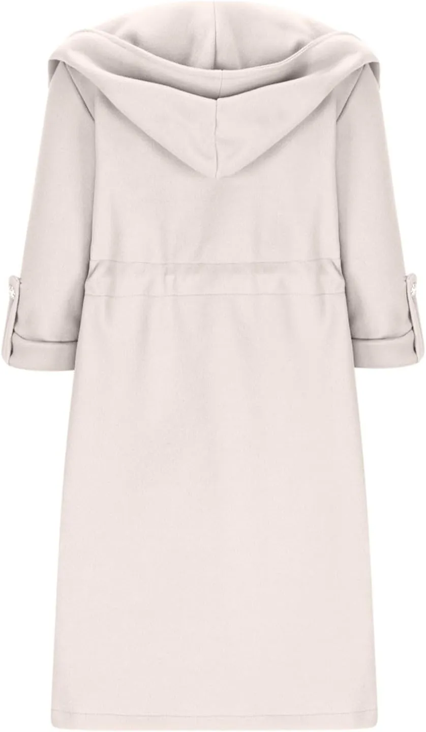 Pea Coats for Women Drawstring Waist Open Front Cardigan Jackets Hooded Trench Coats Wool Blend Long Winter Coats