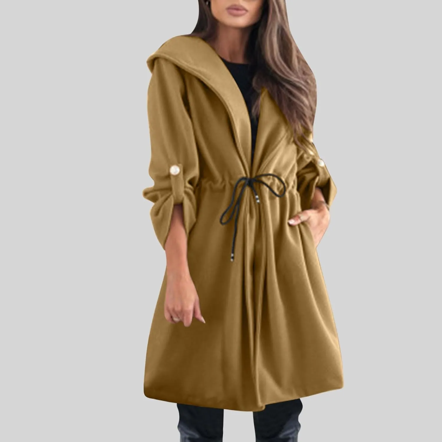 Pea Coats for Women Drawstring Waist Open Front Cardigan Jackets Hooded Trench Coats Wool Blend Long Winter Coats