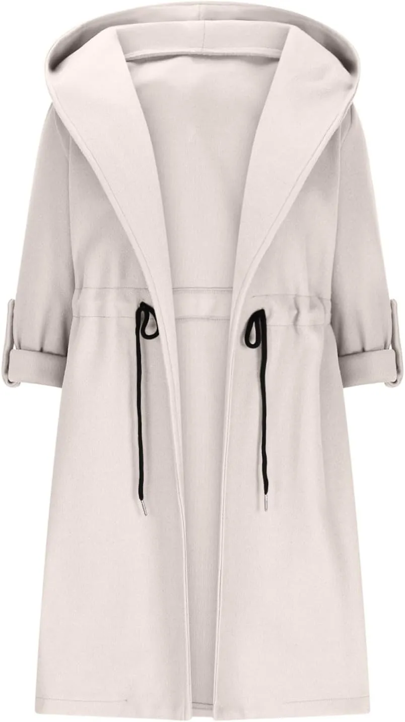 Pea Coats for Women Drawstring Waist Open Front Cardigan Jackets Hooded Trench Coats Wool Blend Long Winter Coats