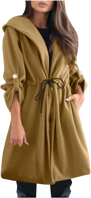 Pea Coats for Women Drawstring Waist Open Front Cardigan Jackets Hooded Trench Coats Wool Blend Long Winter Coats
