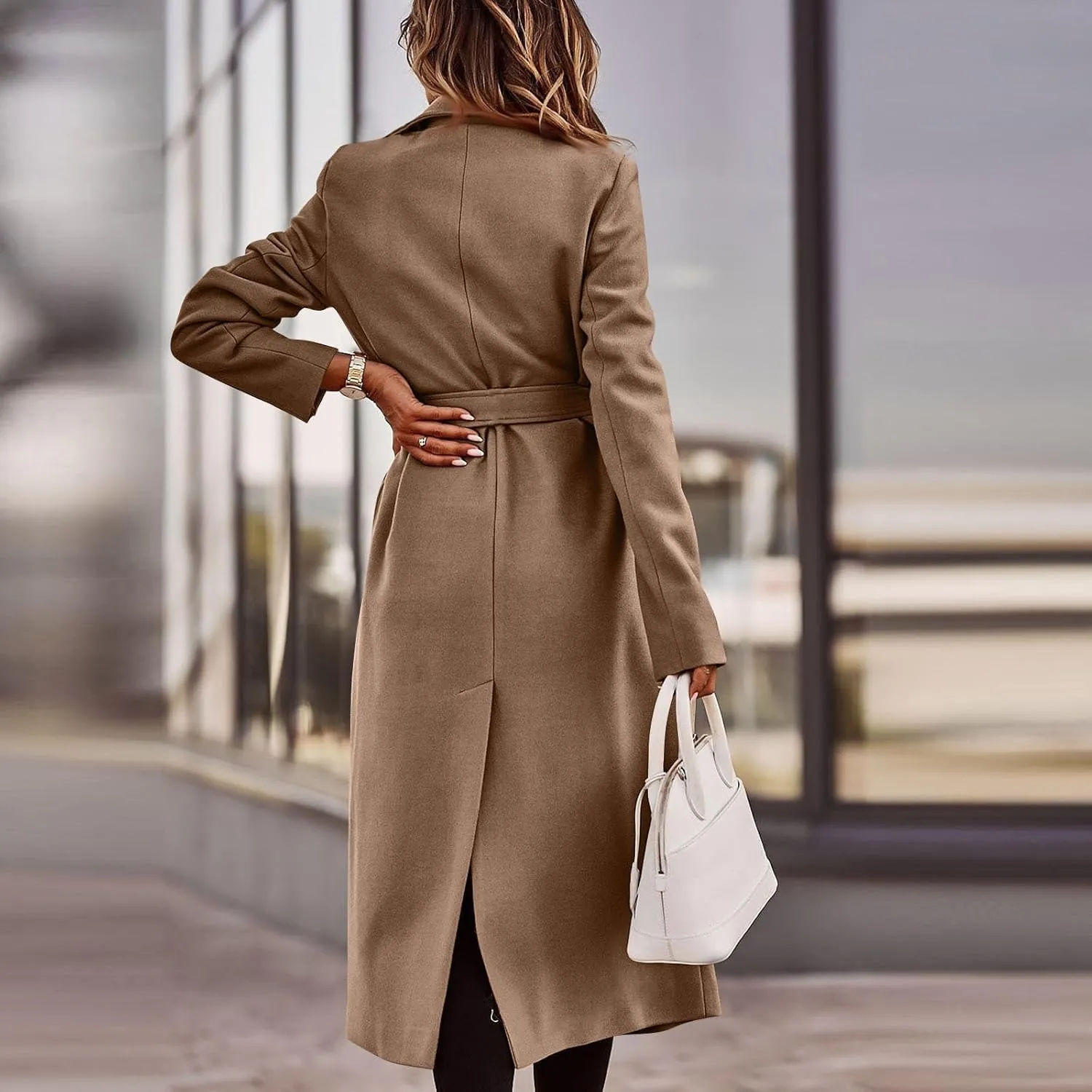 PETYCZEN Women's Trench Coats Notched Lapel Collar Wool Blend Winter Coats Casual Mid Length Pea Coats Long Jackets Overcoat
