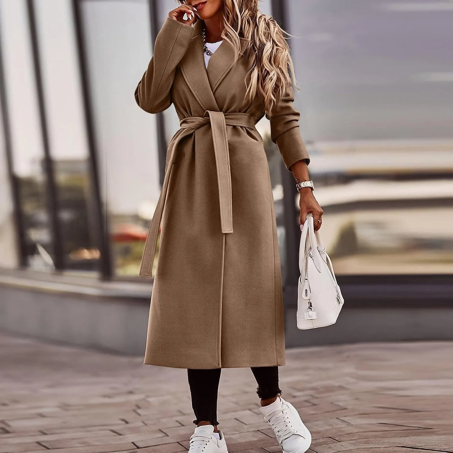 PETYCZEN Women's Trench Coats Notched Lapel Collar Wool Blend Winter Coats Casual Mid Length Pea Coats Long Jackets Overcoat