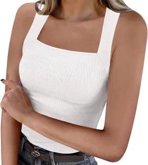 Plus Size Tank Top Women Tops Sleeveless Square Neck Knit Ribbed Slim Fit Summer Trendy Casual Clothes Workout Running Outfits White