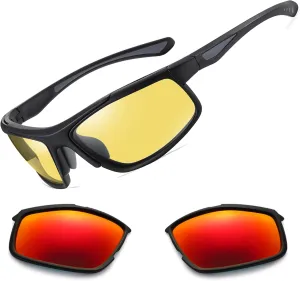 Polarized Night Driving Glasses Unisex NIght Cycling Glasses with Replacement Sunglasses Lens for Daytime
