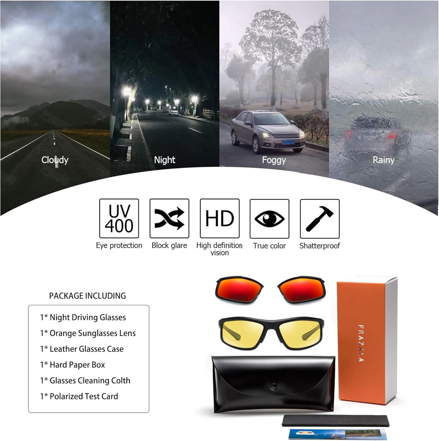 Polarized Night Driving Glasses Unisex NIght Cycling Glasses with Replacement Sunglasses Lens for Daytime