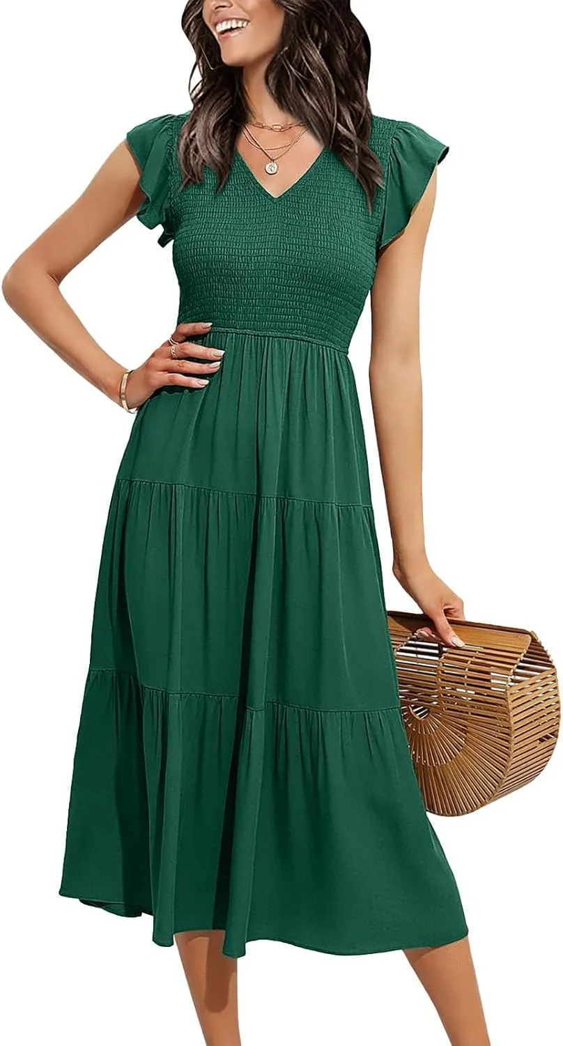 PTOLOCIF Summer Dresses for Women 2024 Flutter Sleeve Smocked Midi Dress V Neck High Waisted Casual Tiered Boho Dresses