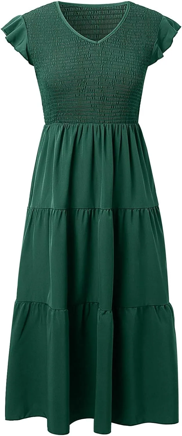 PTOLOCIF Summer Dresses for Women 2024 Flutter Sleeve Smocked Midi Dress V Neck High Waisted Casual Tiered Boho Dresses