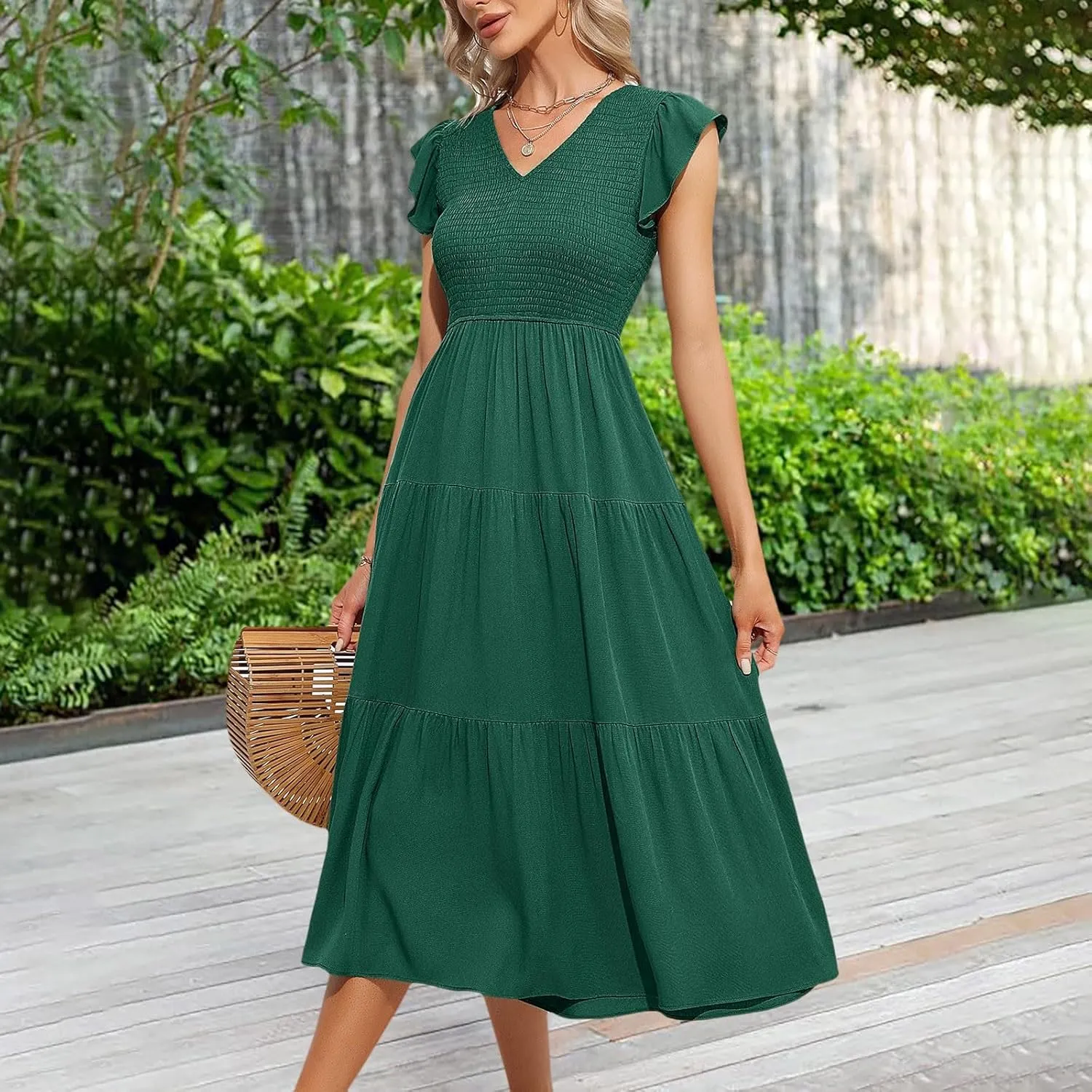 PTOLOCIF Summer Dresses for Women 2024 Flutter Sleeve Smocked Midi Dress V Neck High Waisted Casual Tiered Boho Dresses