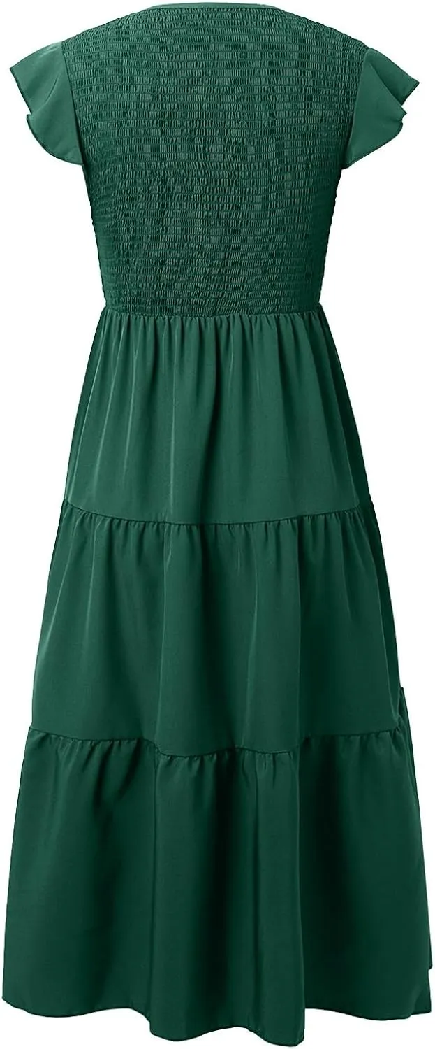 PTOLOCIF Summer Dresses for Women 2024 Flutter Sleeve Smocked Midi Dress V Neck High Waisted Casual Tiered Boho Dresses