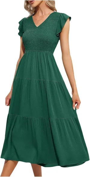 PTOLOCIF Summer Dresses for Women 2024 Flutter Sleeve Smocked Midi Dress V Neck High Waisted Casual Tiered Boho Dresses