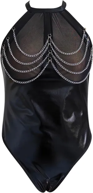 Pu Leather Lingerie Black Snap Crotch Bodysuit One Piece Leotard Halter Body Suit Top Valentines Day Lingerie Negligee